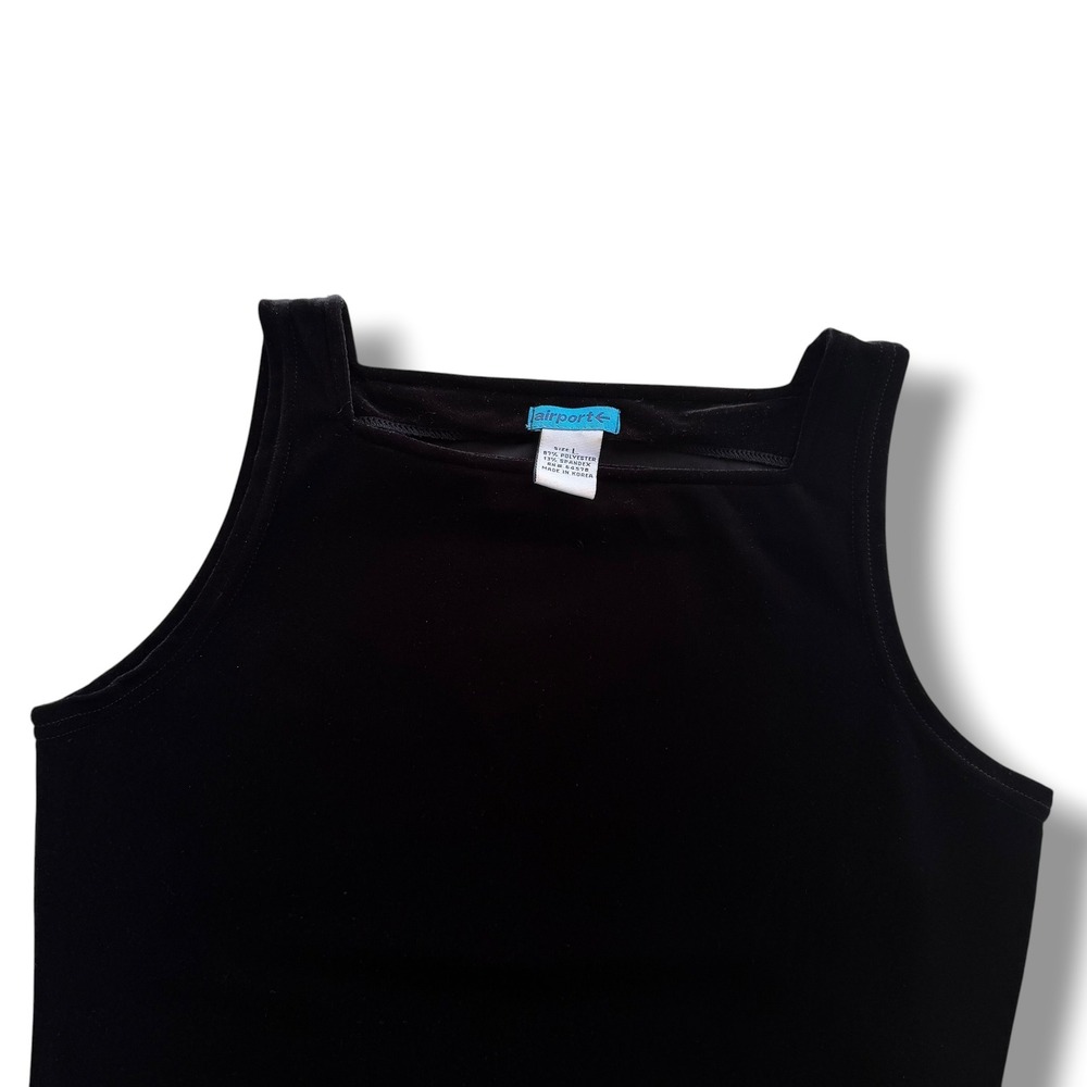 Vintage Airport Women L Black Velvet Square Neck Sleeveless Stretch Tank Top Y2K